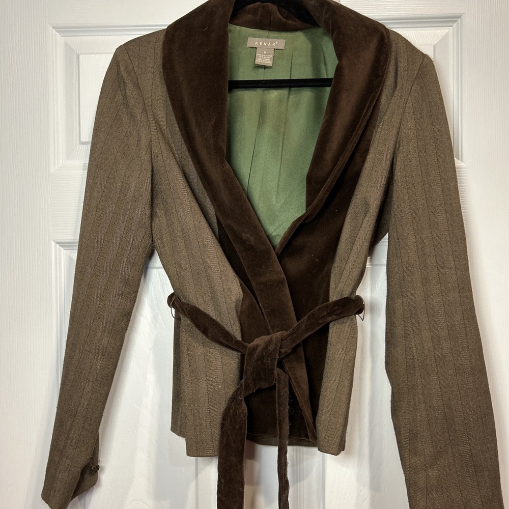 Kenar Women's Blazer‎ Sz 8 Brown Chocolate Velvet Panel Vertical Stripe Corpcore